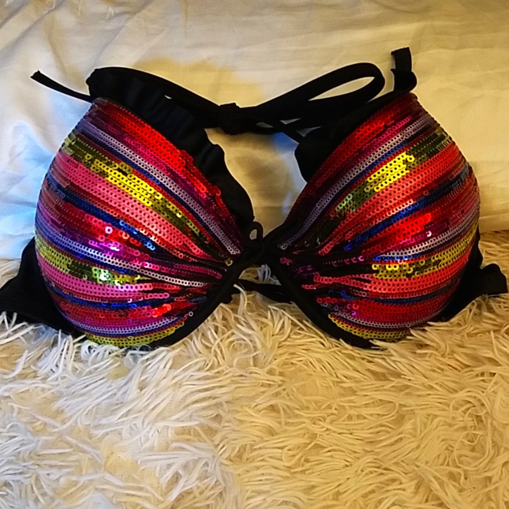VICTIRIA'S SECRET Sequin Bathingsuit Top BLACK with Multicolored Sequins…